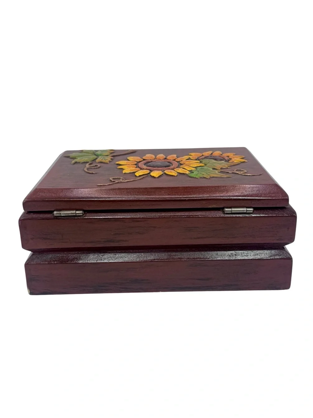 Wooden Sunflower Tea Box Jewelry Keepsake Hand Painted Folk Art Boho Country 10”